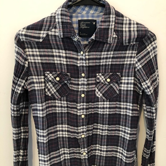 American Eagle Navy Plaid Button Up Shirt Sz 2 - Picture 3 of 4